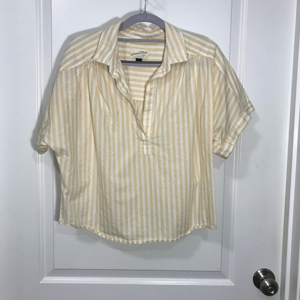 Universal Threads Women’s Yellow White Stripe Cotton V-Neck Top Sz Lg